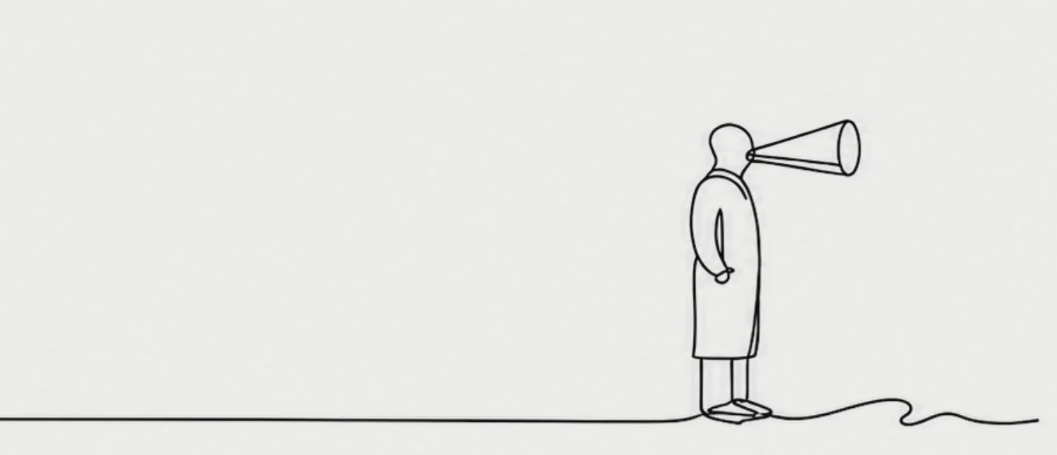 Lijntekening van een man in stofjas die door een toeter roept, naar het beeld Man met toeter in Kaprijke.